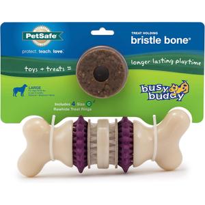 PetSafe Busy Buddy Bristle Bone - Chew Toy for Dental Health Support - Durable Dog Plaything for Tough Chewers - Includes 4 Refillable Treat Rings - Safe Chew Toy for Large Dogs (50-90 lbs) (Large (Pack of 1))