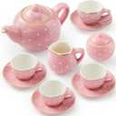 JOYIN Porcelain Tea Set, 12PCS Pink Tea Party Set Teapot, Cups, Saucers & Carrying Case, Ideal for Christmas Birthday Gifts