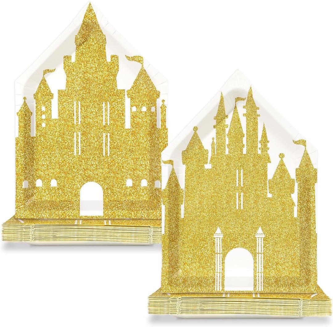 50Pcs 10 Inch Princess Castle Shaped Paper Plates Gold Glitter Castle Party Decorations Princess Disposable Dinner Plates Fairytale Themed Tableware for Girls Birthday Party Baby Shower Decoration