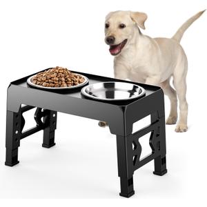 Elevated Dog Bowls Stand Adjustable 5 Heights, 45CM Foldable Dog Feeding Station with 2 Stainless Steel Bowls, Pet Bowl Elevated for Medium Large Dogs, Non-Slip Water Food Feeder, Black