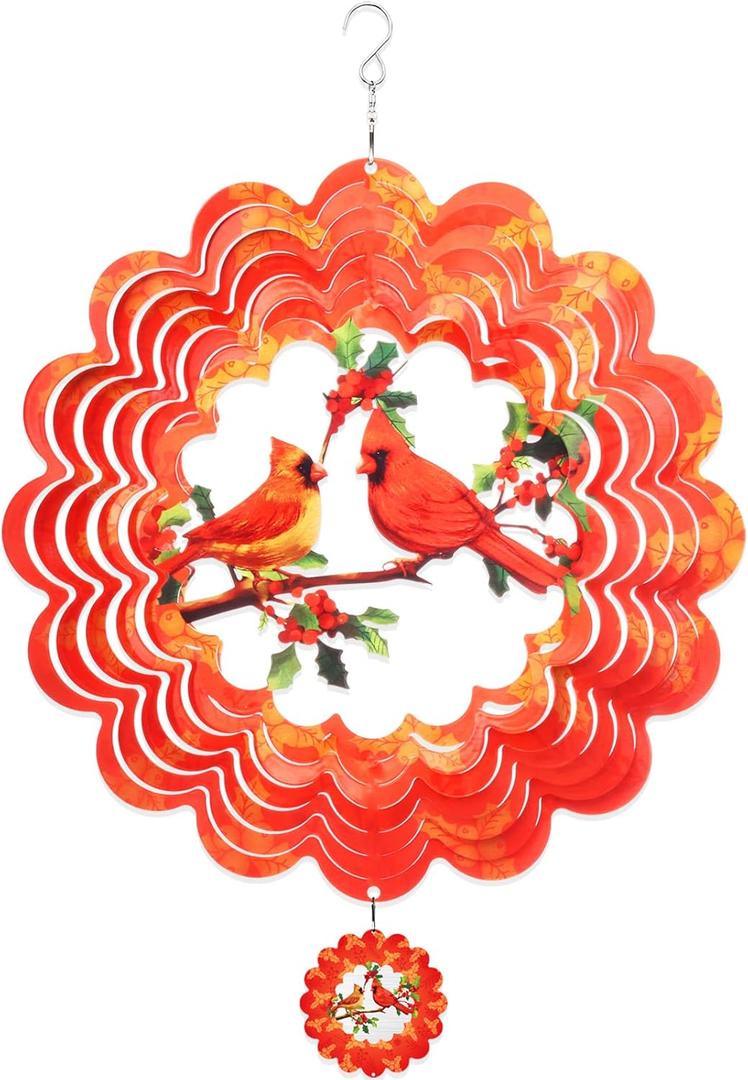 Cardinal Wind Spinner, 3D Bird Spinners with Holly Outdoor Metal Art, Stainless Steel Large Spinning Ornament, 12in Red Hanging Spinners for Yard and Garden Decor, Orange Spinfinity
