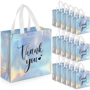 Sweetude 30 Pcs Thank You Gift Bags with Handles Bulk Reusable Goodie Bag Non Woven Foldable Handbag for Christmas Wedding Bridesmaid Gifts(11 x 12 x 5 Inch,Laser)