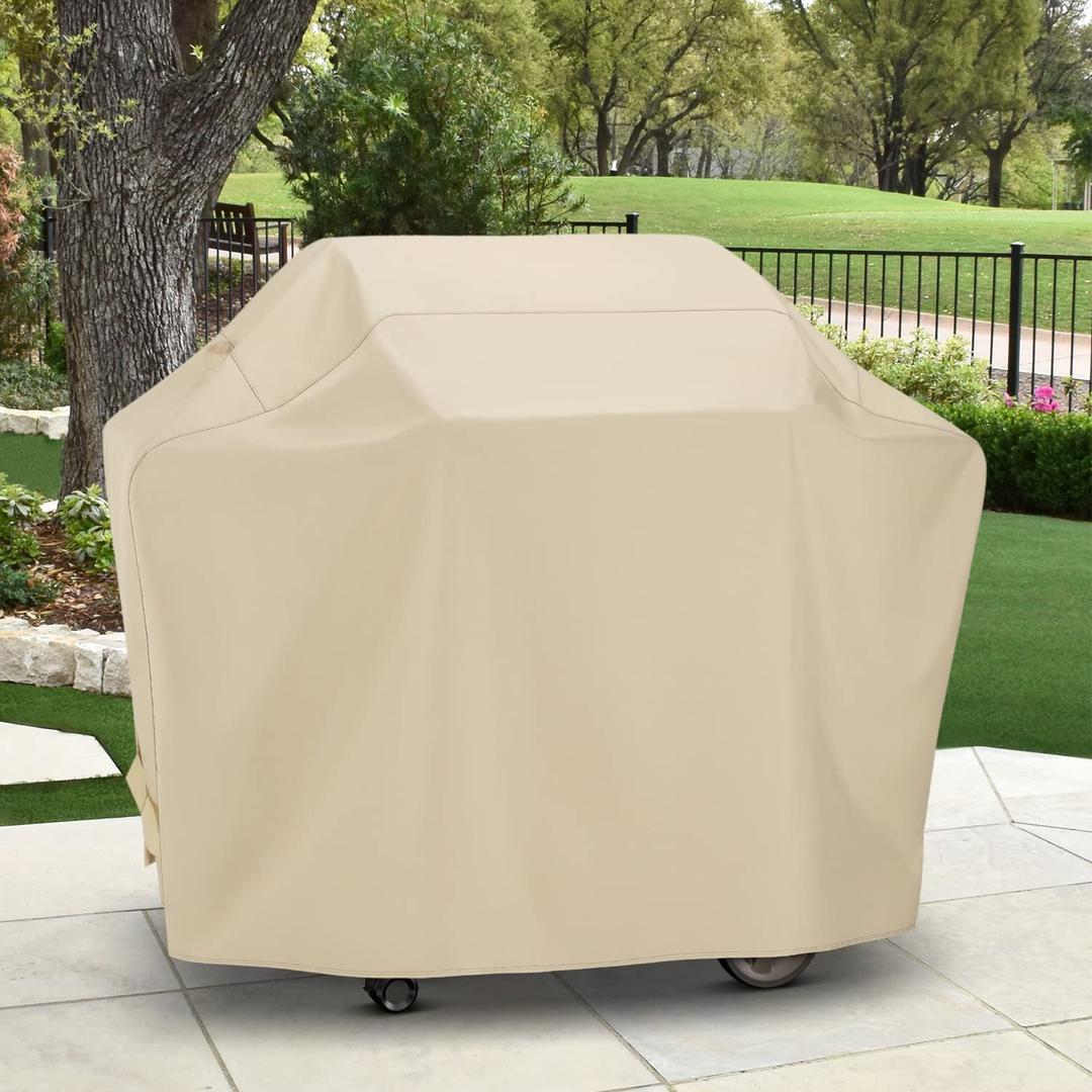 SunPatio Grill Cover 58 Inch, Heavy Duty Waterproof Barbecue Cover, Outdoor Charcoal Gas Grill Protector, All Weather Protection Compatible for Weber Char-Broil Nexgrill Kenmore and More, Beige
