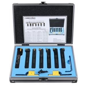 Accusize Industrial Tools 7-Ps Indexable Carbide Turning Tool Set, 1/2" Shank, C6 Grade TiN Coated Inserts, in Fitted Aluminum Case, 2387-2004