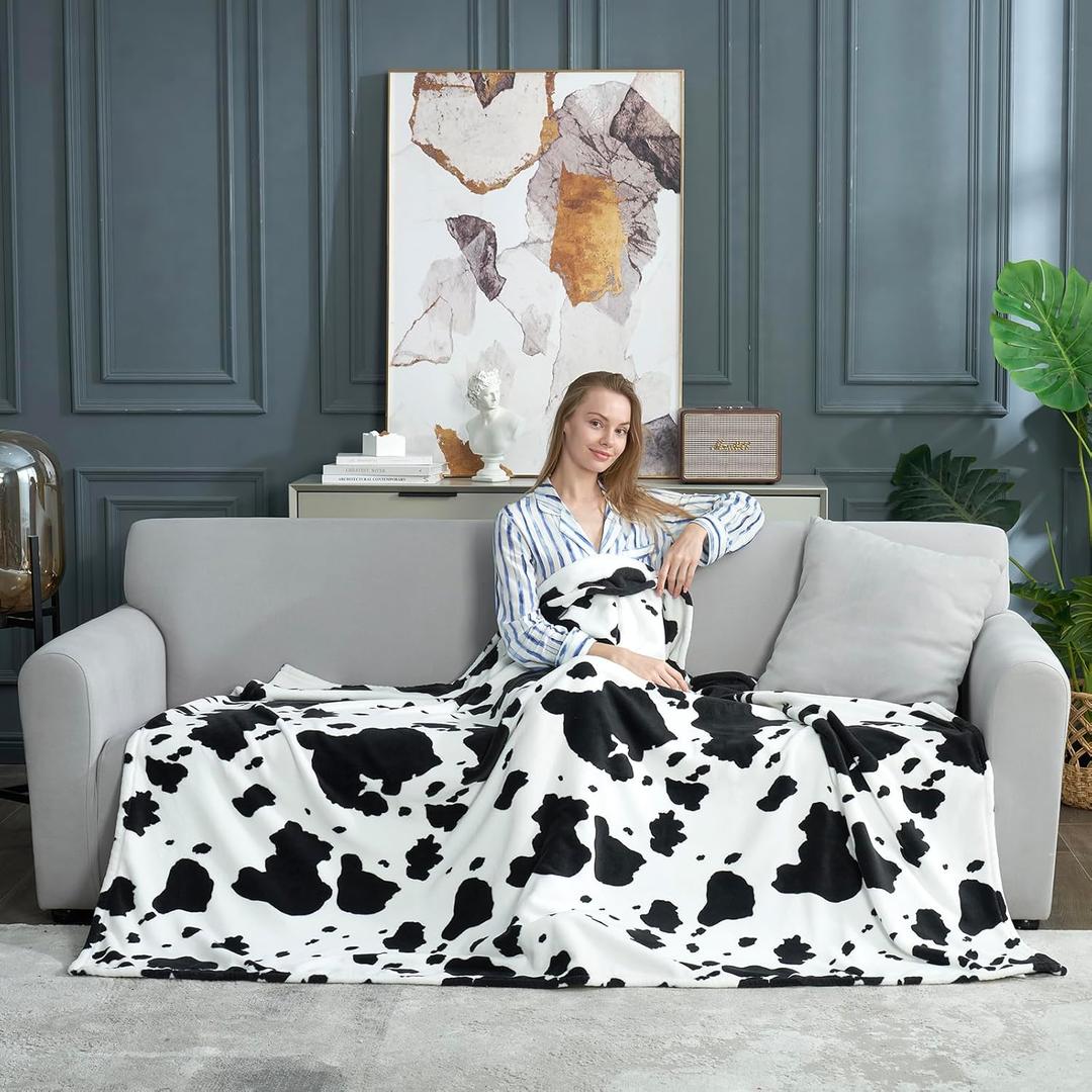 Cozy Bliss Cow Print Throw Blanket Non Shedding MilkyPlush Fleece 330GSM Thick Blankets Western Room Decor Super Soft Warm for Adults Kids Girl Gifts Bedroom Couch Sofa Travel Black White 40"x50"