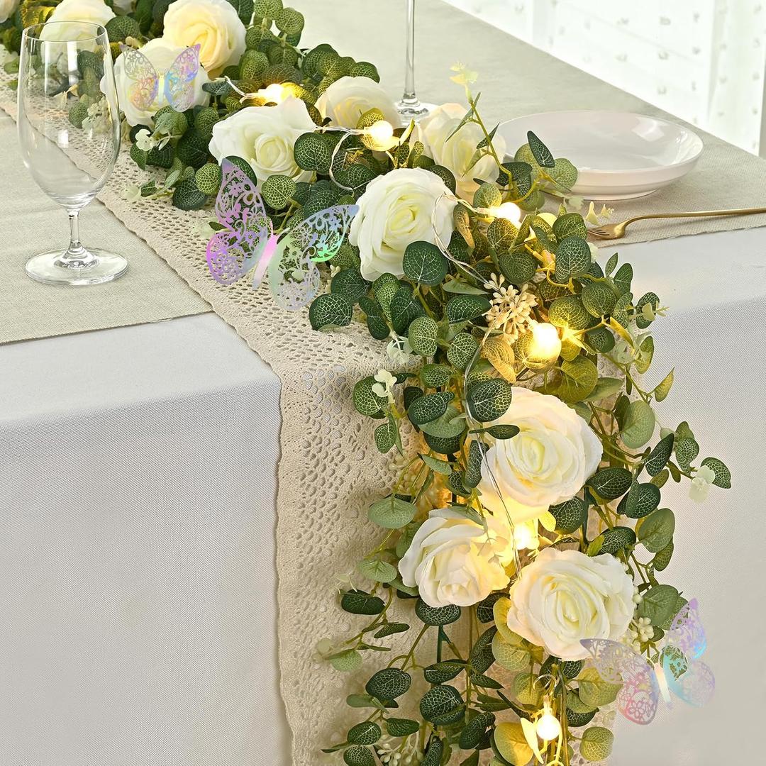 Yastouay 6.4 Ft Fuller White Flower Garland with Light and 3D Butterfly, Artificial Eucalyptus Garland with Fake Rose for Table Centerpiece Wedding Arch Baby Shower Party Room Backdrop Decor