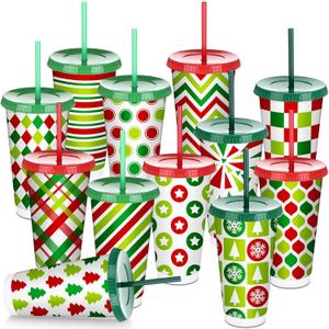 Nuogo 12 Pcs Christmas Reusable Coffee Cups with Lids and Straws 24 oz Red Green Polka Dot Striped Plastic Cups Xmas Party Supplies Coffee Tumblers Mugs Gifts for Hot Cold Drinks, 12 Styles