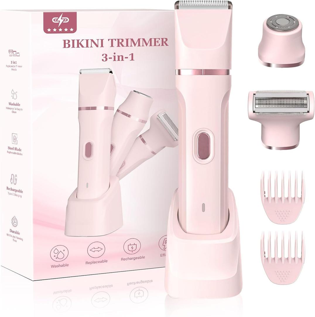 Bikini Trimmer for WomenElectric Body Hair Trimmer, 3 in 1 Wet/Dry Shaver Groomer, Replaceable Ceramic Blade Heads, Electric Razors for Women Legs, Bikini Shaver