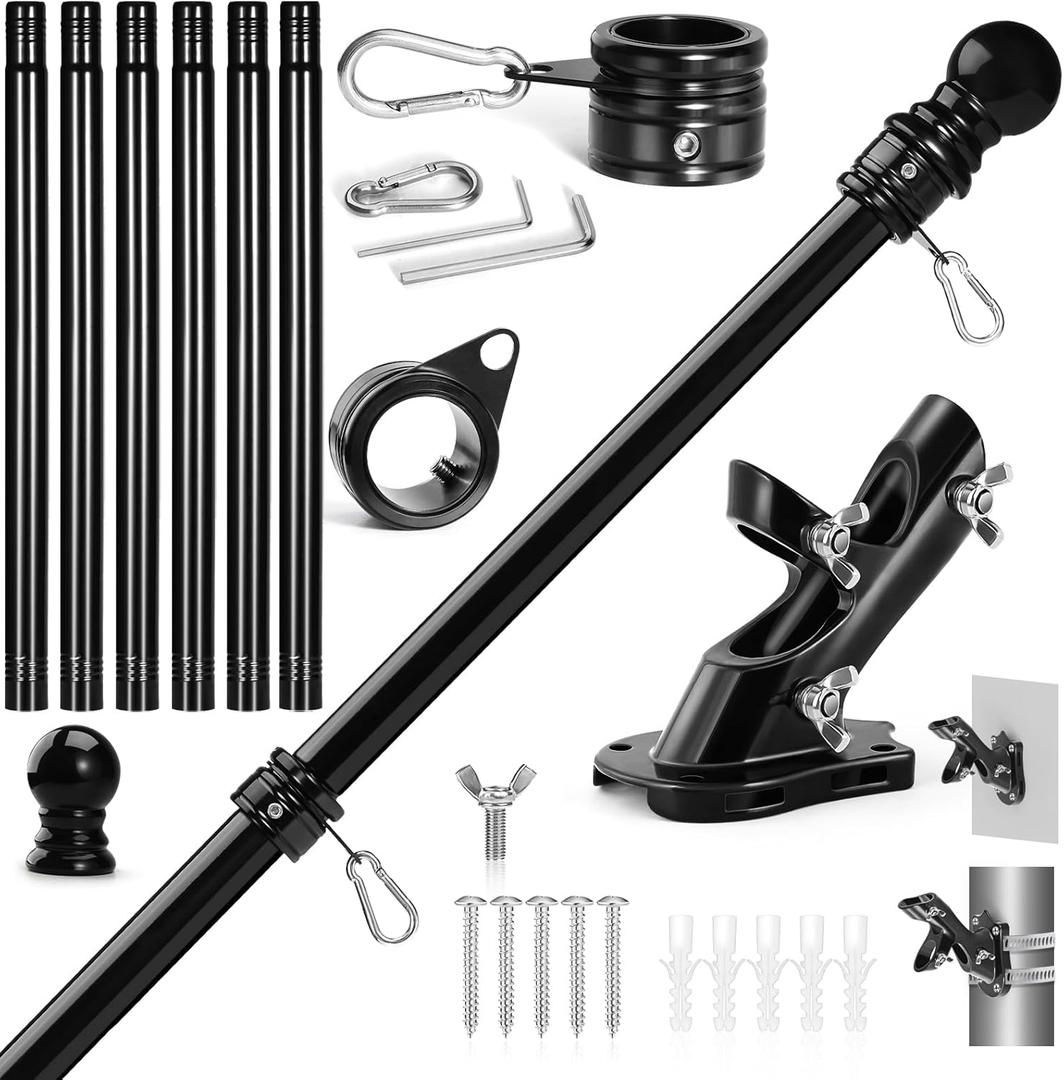 Anovo Flag Pole Kit- Stainless Steel 7 FT Flag Poles with1 Inch Metal 360 Rotating Flag Pole Rings Clip, Two-Position Flag Pole Holder Brackets Mounting for Outside House Outdoor Porch (7 FT - Black)