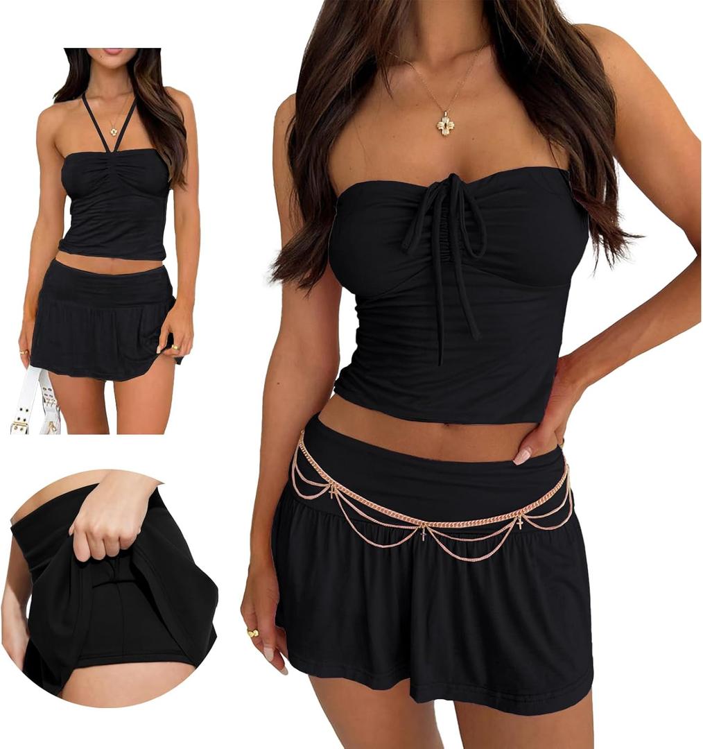 Hafailia Summer Two Piece Outfits for Women Y2K Going Out Tie Ruched Tube Crop Tops Low Rise Pleated Mini Skort Skirt Sets (X-Small, Black)