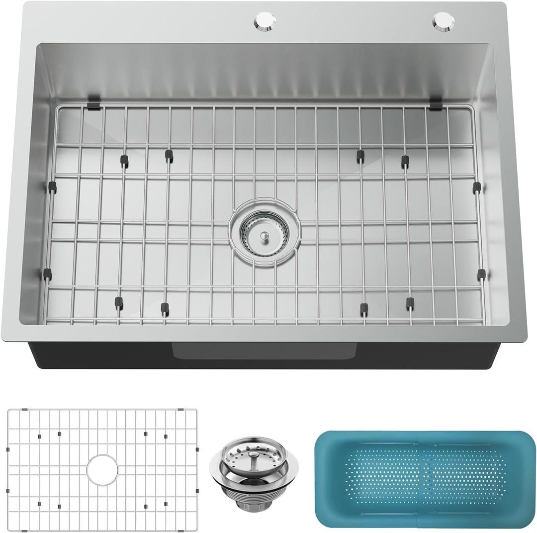 30x22 Inch Stainless Steel Kitchen Sink - Drop In Single Bowl Topmount Modern Large Kitchen Sink With SS Grid, Colander,Drain Strainer Set Compatibility With Various Kitchen&Bar Style