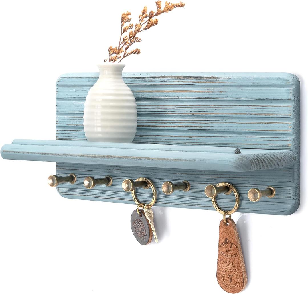 Rebee Vision Pine Wood Key Holder Wall Mount for Room Accessories Decorative Key Holder for Wall with 6 Hooks & Floating Shelf Rustic Wall Organizer for Home Decor Aesthetic (Blue)