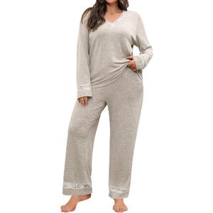 2 x Blooming Jelly Women Plus Size Pajamas Sets Cute Lace Lounge Set Long Sleeve Pj Sets V Neck Loungewear Fall Outfit (Large, Apricot)