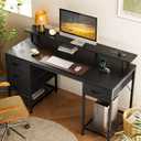 Huuger 55 inch Computer Desk with 4 Drawers, Gaming Desk with LED Lights & Power Outlets, Home Office Desk with Large Storage Space for Bedroom, Work from Home, Black