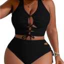 SOLY HUX Women's Plus Size Bikini Set Sexy Swimsuit Lace Up Tummy Control 2 Piece Bathing Suit (Black, XXL)