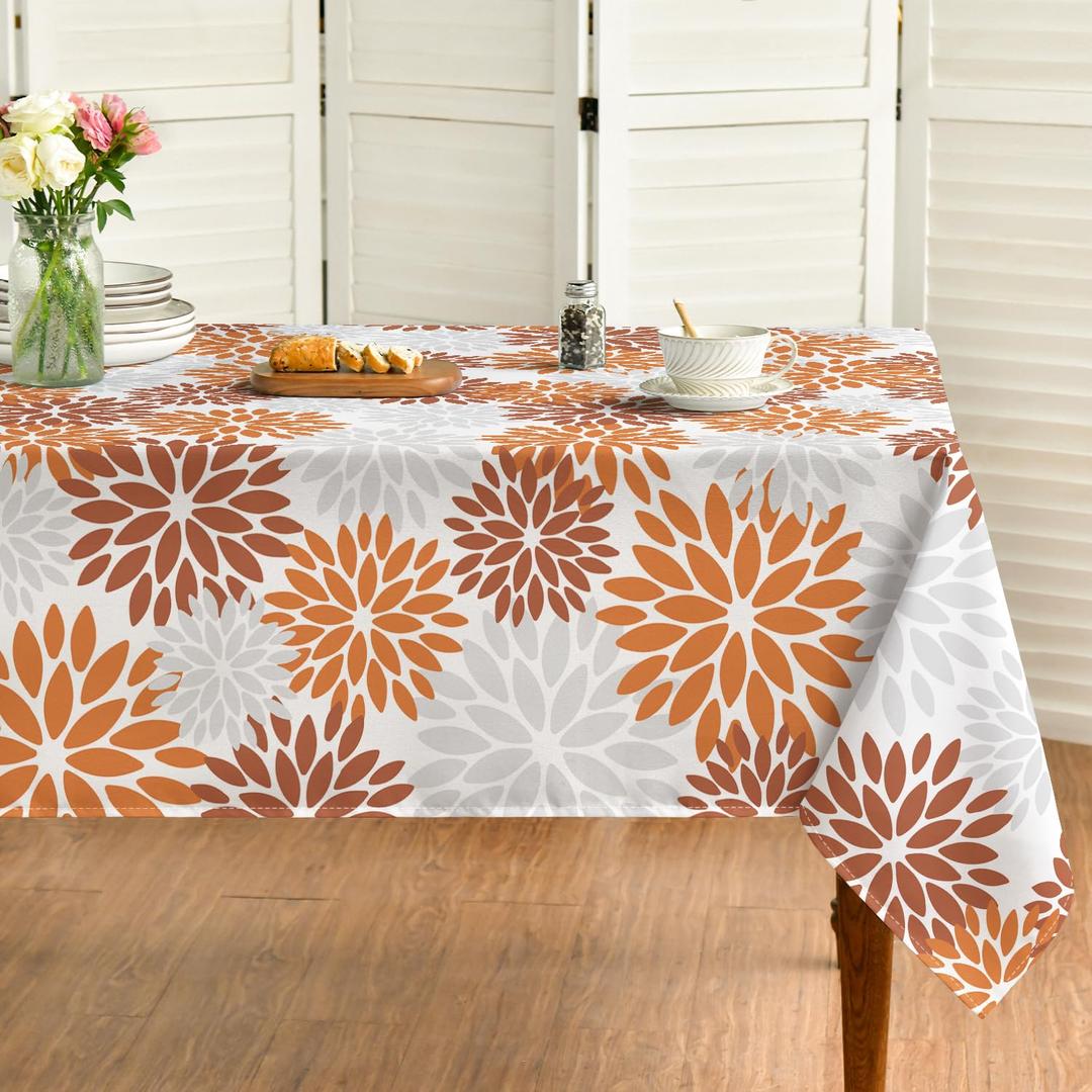 Horaldaily Orange Grey Dahlia Table Cloth 60×104 Inch Rectangular, Modern Geometry Flower Decor Table Covers for Kitchen Dining, Washable Seasonal Tablecloth for Party Picnic Dinner Decor