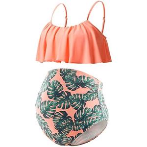 DEBELLY Maternity Bikini Set Two Piece Swimsuit Ruffle Women Bathing Suits High Waist Vintage Pregnancy Swimwear, XL