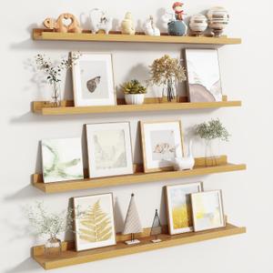 Fun Memories Picture Ledge Shelf, Floating Shelves Set of 4, 36 Inch Picture Shelves for Wall with Ledge, Large Nursery Book Shelf for Toys Storage, Living Room, Bedroom Decor Frames, Oak