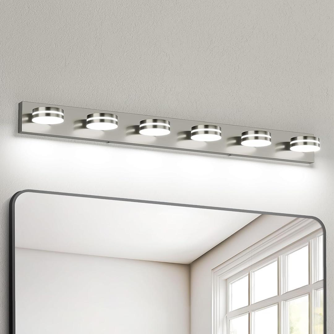 6-Light Nickel Bathroom Vanity Light Over Mirror, LED Vanity Lighting Fixtures, Modern Bathroom Wall Light Fixtures with 360Rotating Lamp Head (Cool White 5500K)