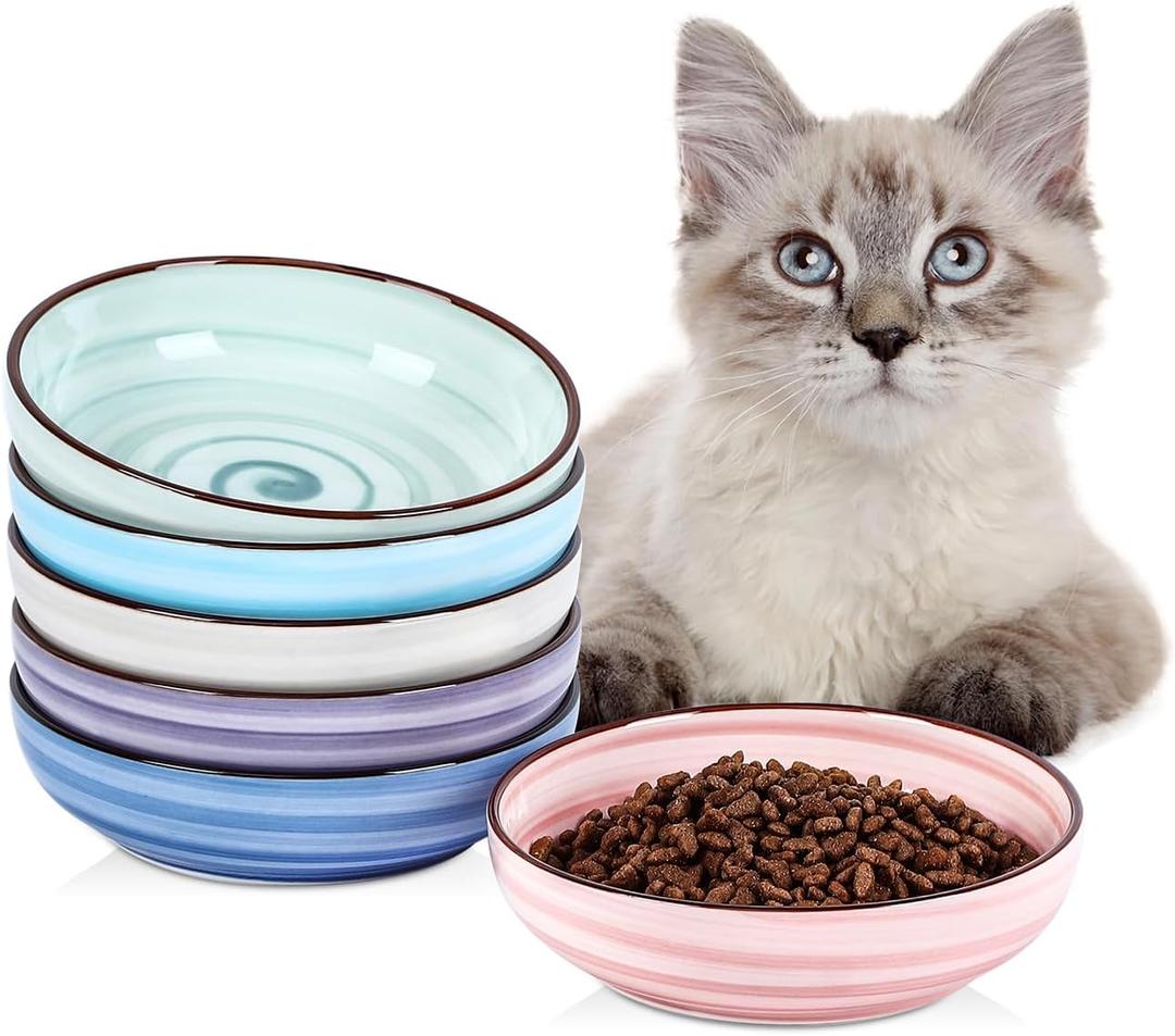 Selamica Ceramic Cat Food Bowl, 5.6 Inch Wide Shallow Cat Bowls/Dishes for Food and Water, Whisker Friendly, Set of 6, Gradient Colors