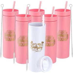 6 Pcs Birthday Party Tumblers 16 oz Birthday Squad Skinny Tumbler with Lid and Straw Double Wall Plastic Tumblers for 20th 30th 40th 50th 60th Birthday Party Favor for Women(Pink)
