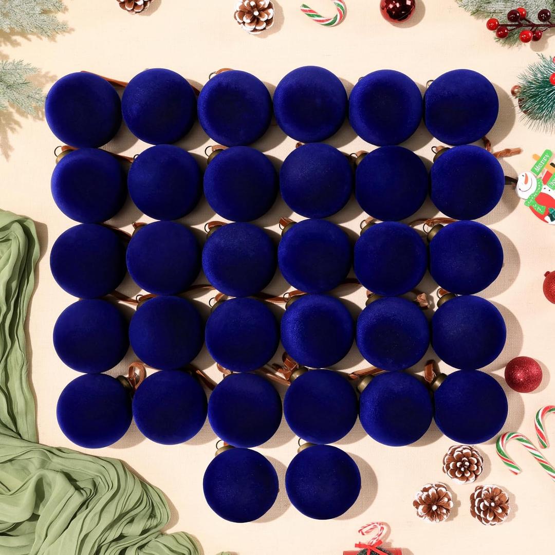 32 Pcs Velvet Christmas Tree Ornaments Balls with Velvet Ribbon Christmas Tree Hanging Decorations Neutral Flocked Balls Bulk for Xmas Home Indoor (Dark Blue)