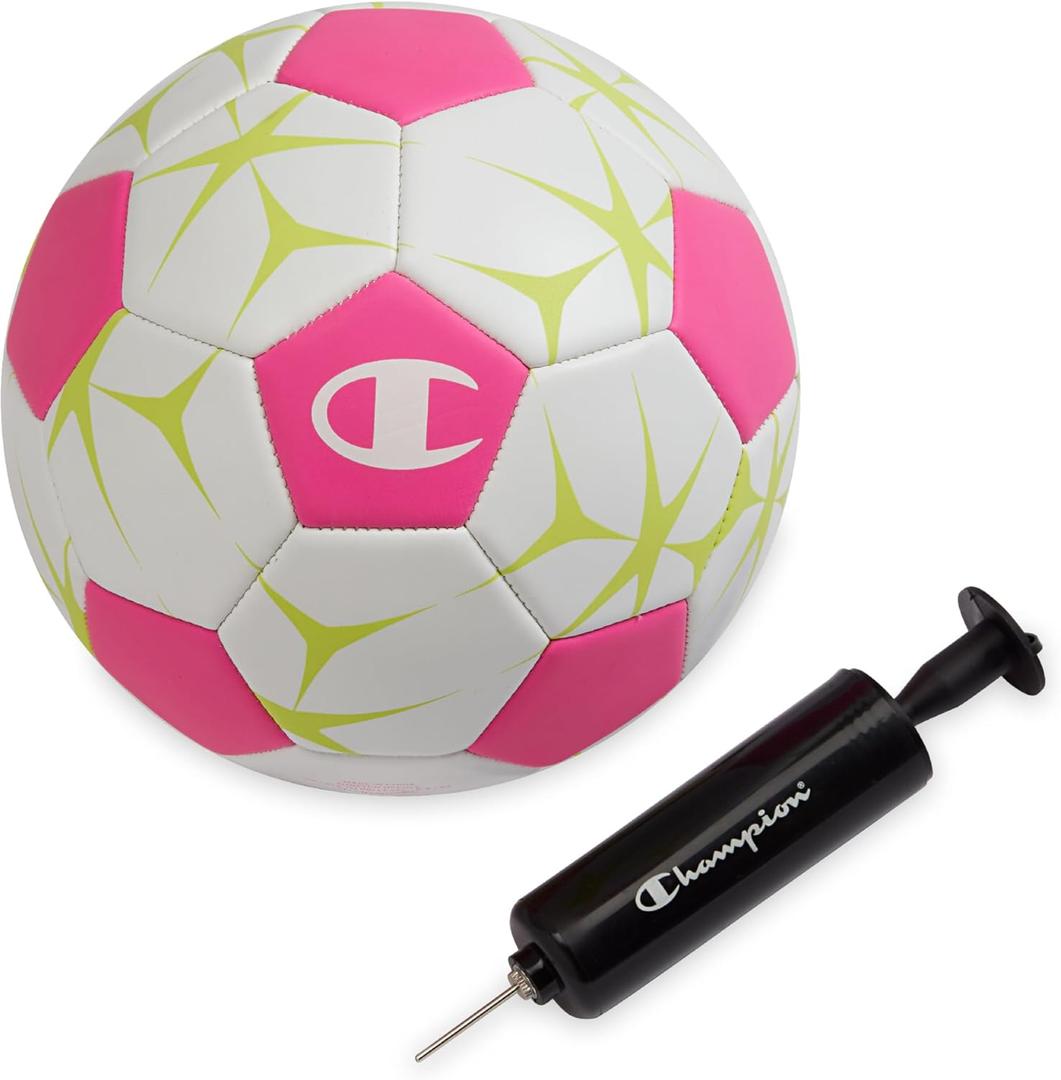 Champion Soccer Ball Youth & Adult  Matte Finish, 32-Panel Design, Enhanced Control, Sizes PVC Cover, Sizes 3,4 and 5 for Indoor & Outdoor Training, Includes 6" Pump (White/Optic Pink/Evening Primrose)