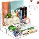 Acrylic Desk Organizer with 2 Drawers, Clear Office Drawer Organizer with Handle, Pencil Pen Holder Storage Desktop Accessories 7 Compartments for Home Makeup Magazine File Art Supply