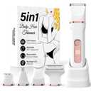 Bikini Trimmer for Women,5-in-1 Electric Razors for Women, Electric Shaver for Women's,IPX7 Waterproof Trimmer for Men Legs, with 5 Replaceable Blade Heads,USB Recharge Dock White