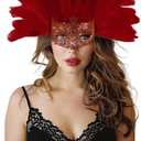 JEGERMIG Green Feather Masquerade Mask Headwear Carnival Headpiece Showgirl Cosplay Accessories for Women (Red)