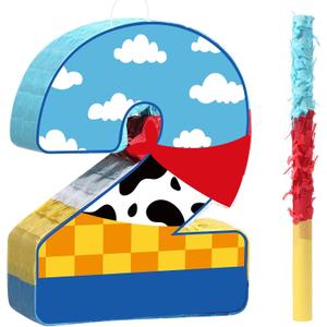 Hungdao Toy Inspired Birthday Piñata for Kids Cartoon Cow Number Piñata Decorations Summer Cartoon Game with Stick Red Scarf Blue Sky Cloud Boys Girls Baby Shower Farm Party Favor (Number 2)