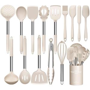 Stainless Steel Kitchen Cooking Utensil Set, Umite Chef 15 pcs Utensils - Nonstick Cookware Set Spatula -Kitchen Gadgets Tools Gift (Khaki)