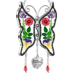 KY&BOSAM Butterfly Suncatchers Precious Grandmother Stained Glass for Windows Hangings Wind Chimes with Pressed Flower Wings and Heart Charm Birthday Gifts for Grandma Mother`s Days Christams