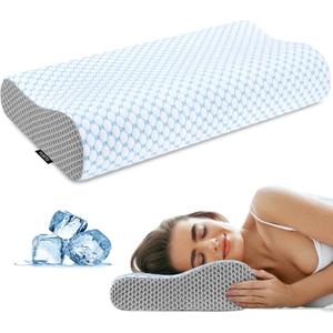 Cervical Neck Pillow for Pain Relief, Contour Memory Foam Pillows for Sleeping, Odorless Ergonomic Pillow Adjustable Orthopedic Cooling Pillow Bed Pillow Neck Support for Side Back Stomach Sleepers (Blue & Grey)