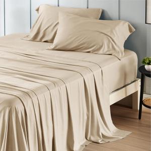 Bedsure Full Size Sheets, Cooling Sheets Full, Rayon Derived from Bamboo, Deep Pocket Up to 16", Breathable & Soft Bed Sheets, Hotel Luxury Silky Bedding Sheets & Pillowcases, Beige