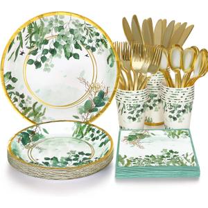 168 Pcs Sage Green Baby Shower Decorations, Sage Green Plates, Bridal Shower Plates and Napkins sets, Eucalyptus Baby Shower Birthday Baptism Wedding Shower Decorations, Serves 24