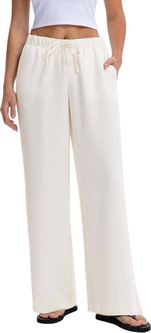 Abonlen Wide Leg Pants for Women Casual Flowy Crepe Trousers Wrinkle Free Relaxed Fit Lounge Work Business with Pockets