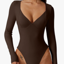 QINSEN Women's Long Sleeve Bodysuit V Neck Body Suits Seamed Cup Going Out Tops Shirt Size M