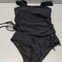 Womens Retro Ruched Two Piece Strappy Tummy Control Swimwear Tie Side Tankini Bathing Suit Set, Black, Size S