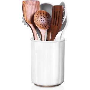LoeJan Utensil Holder, Extra Large Utensil Crock, Stable Ceramic Utensil Organizer, Cooking Tool Organizer Set for Kitchen Counter Farmhouse Decor (E-6.7" White)