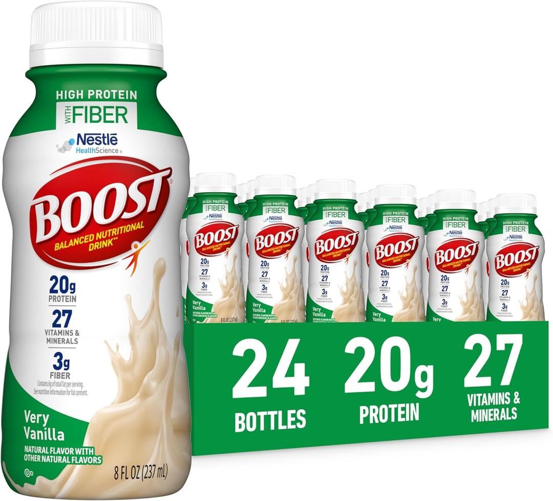 BOOST High Protein with Fiber Ready to Drink Complete Nutritional Drink, Very Vanilla, 8 fl oz Bottle, 24 Pack (EXP 05/12/27)