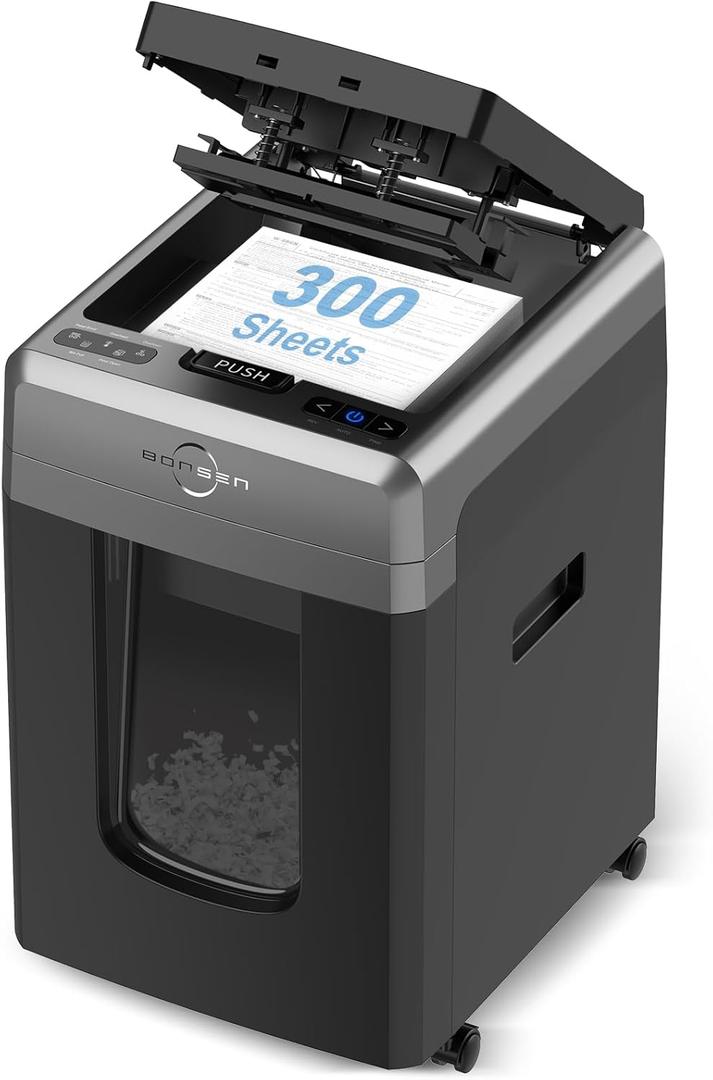 BONSEN 300-Sheet Auto Feed Paper Shredder, 60 Minutes Non-Stop Commercial Grade Heavy Duty Shredders for Office, 8.1 Gallon Micro Cut Document Shredder, P-4 Security Level,58dB Super Quiet (S3113) Black