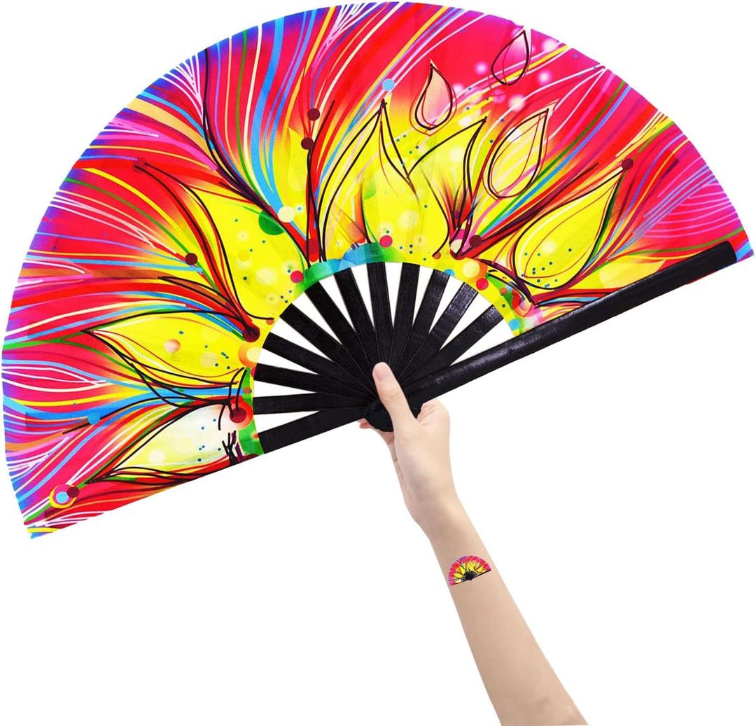 Rave Fans Large Folding Hand Fan Popping Fan for Line Dancing, Big Clacking Clap Fans Foldable for Dance,Music Festival, Party (Fire Phoenix)