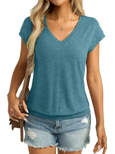Micticsi Womens V Neck Cap Sleeve T Shirts Banded Bottom Top Loose Fit Short Sleeves Tee Casual Summer Basic Tops 2025 Aqua Blue, Small