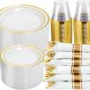 N9R 350PCS Gold Plastic Dinnerware Set for 50 Guests, Include: 50 Dinner Plates, 50 Dessert Plates, 50 Pre Rolled Napkins with Silverware and 50 Cups, White and Gold Disposable Plates for Party