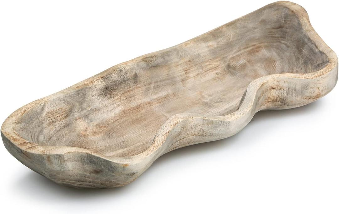 Wavy Live Edge Wooden Dough Bowl for Decor 16"L Medium Natural Root Wood Hand Carved Decorative Wooden Farmhouse Fruit Bowl Handmade, Home Decoration Centerpiece, Table Display Bowl