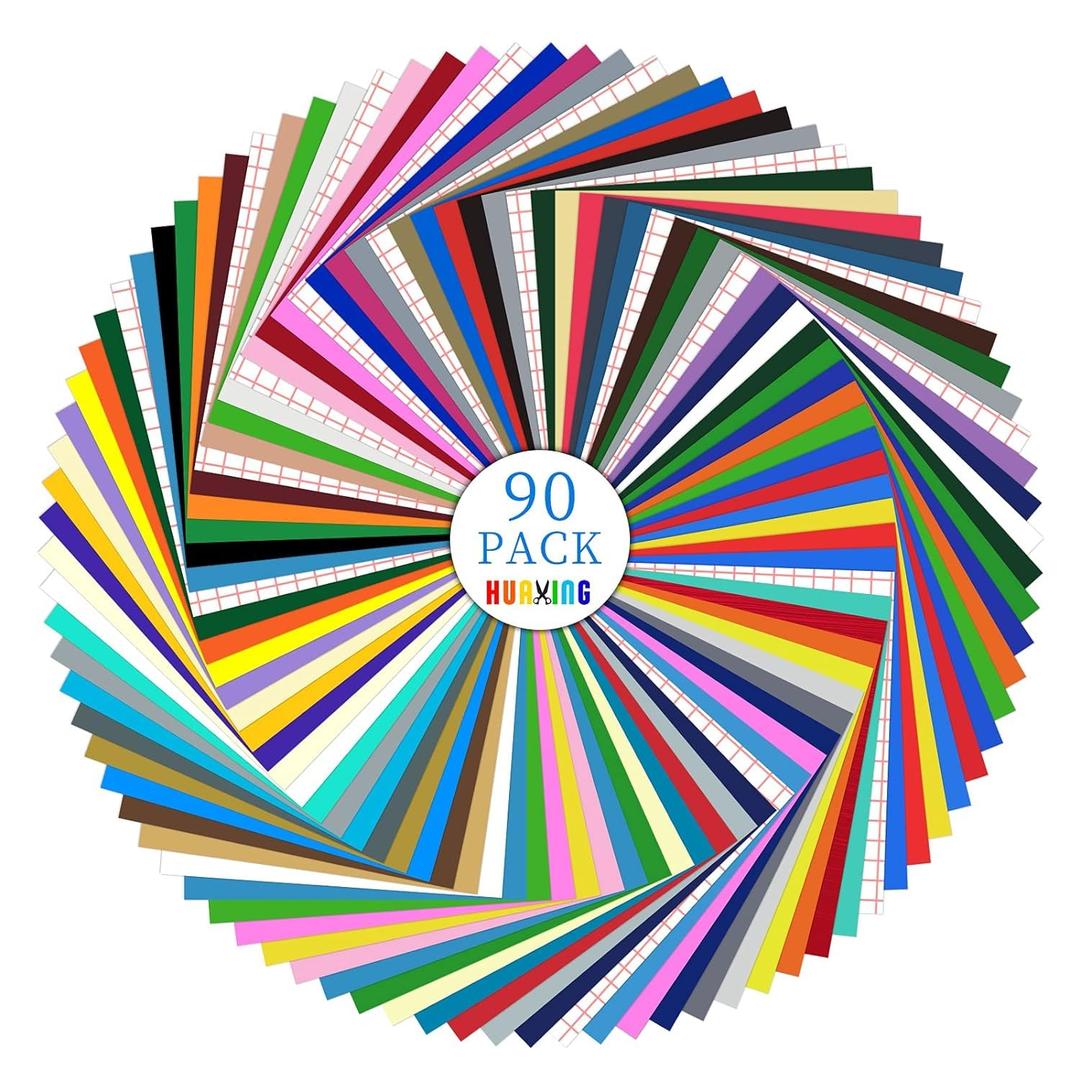 Huaxing Permanent Adhesive Vinyl Bundle - 90 Pack Vinyl Sheets (12x12, Glossy, Matte, Metallic) for Most Cutting Machines and Party Decoration, Sticker, Craft Cutter, Car Decal. (Multicolor)