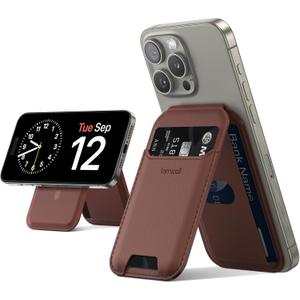 Lamicall 2.3oz Light for Magsafe Wallet Stand - Slim Tight Phone 3 Cards Holder, Adjustable Apple iPhone Wallet Stand, 2.5lbs Magnetic for iPhone 16/15/14/13 Series, Brown Red