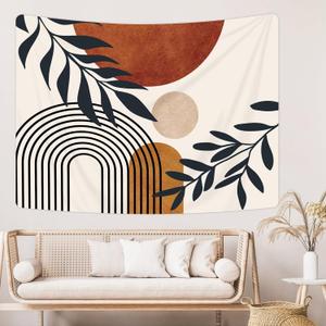KOMLLEX Boho Abstract Mid Century Tapestry Minimalist Arch Sun Leaves Aesthetic Geometric Modern Plant Botanical Wall Hanging Neutral Brown Beige Home Decor Art for Living Room Bedroom Dorm 78Wx59H (78L" x 59W")
