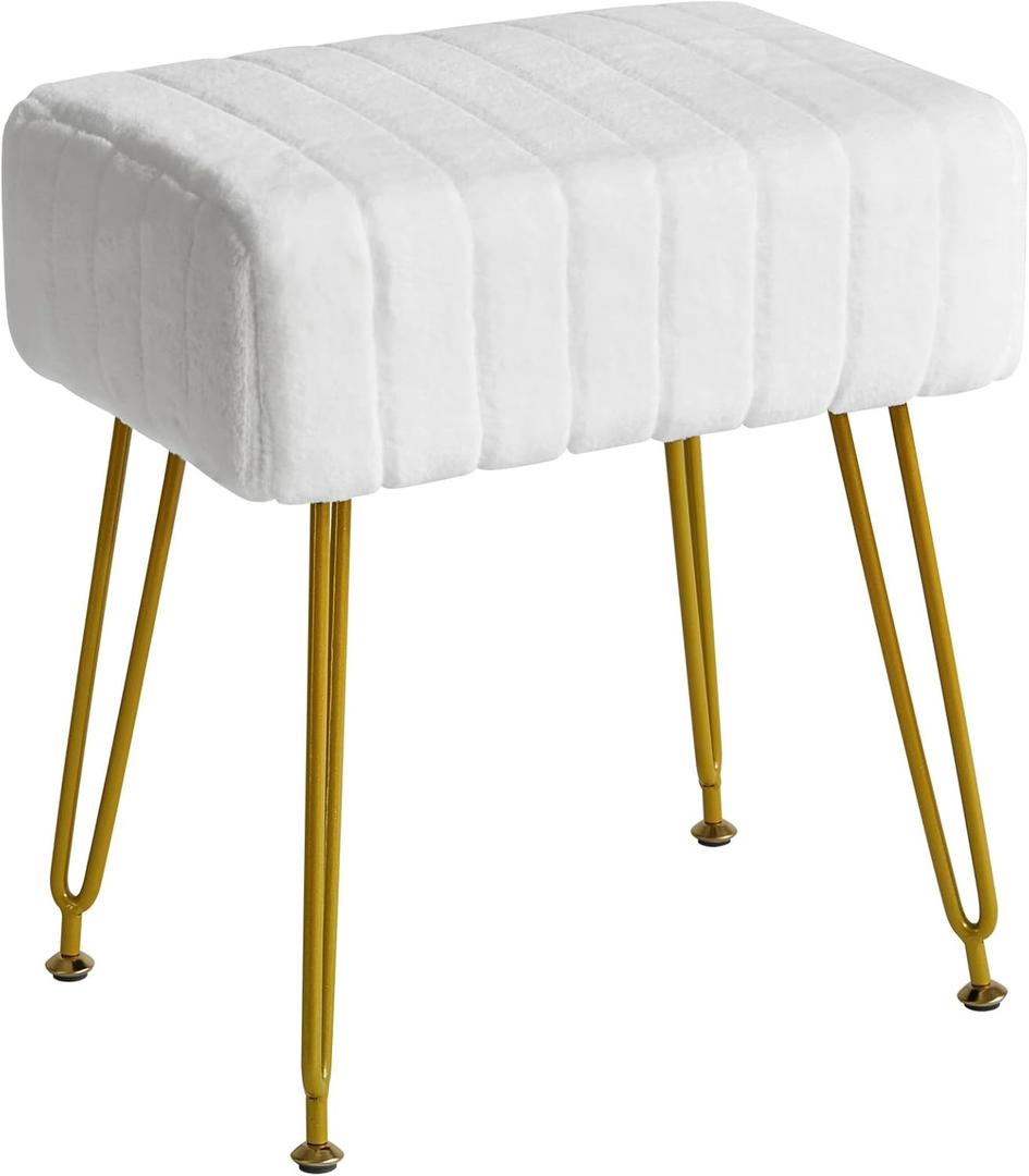 IBUYKE Velvet Rectangular Footrest Stool Ottoman, Makeup Vanity Stool Side Table, Velvet Dressing Table Seat, Pouf Couch Stool, Golden Steel Legs, White LG-51W (without storage)